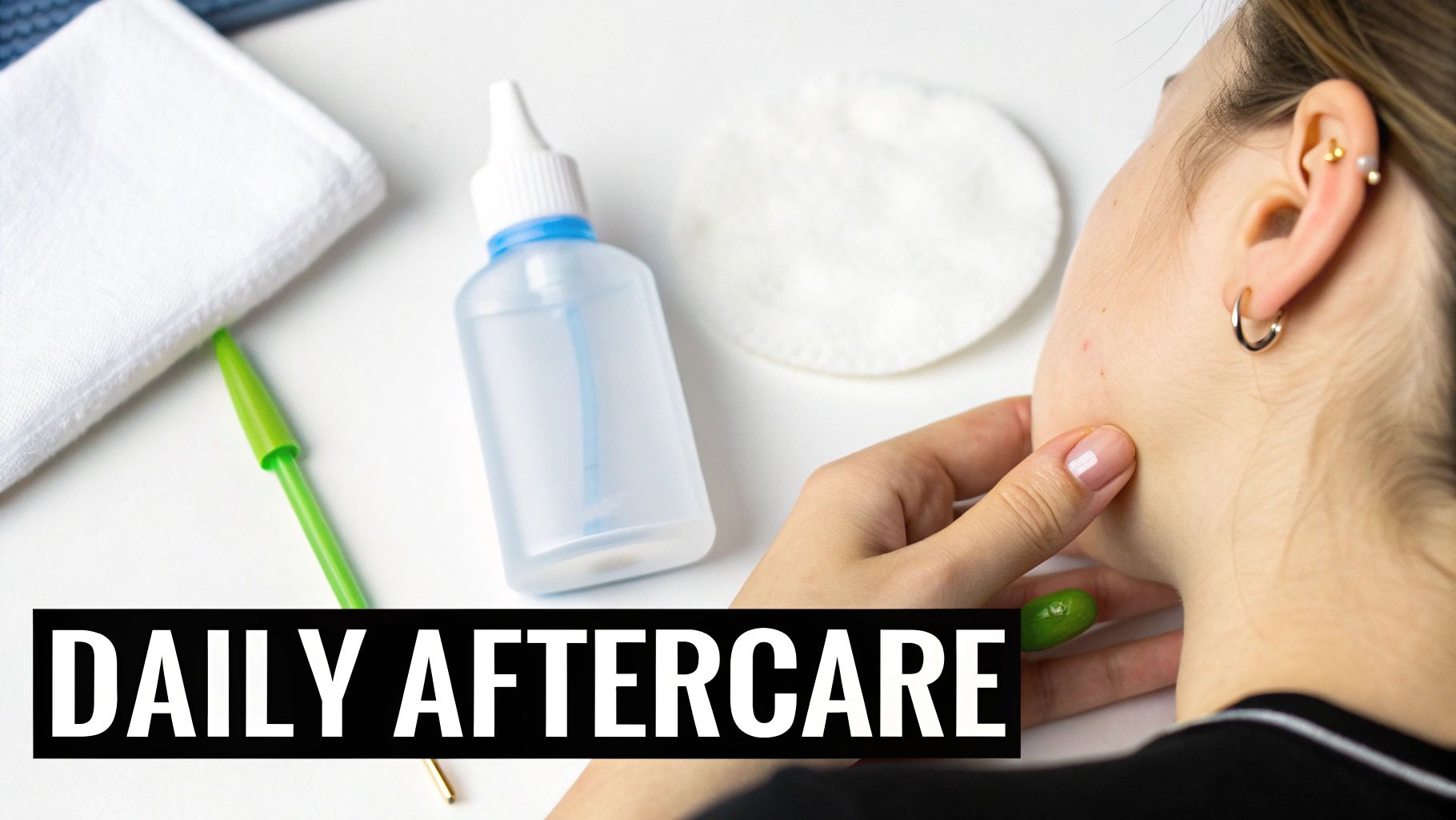 Person's ear with multiple piercings, including a daith piercing, next to aftercare solution, cotton pad, and cloth.