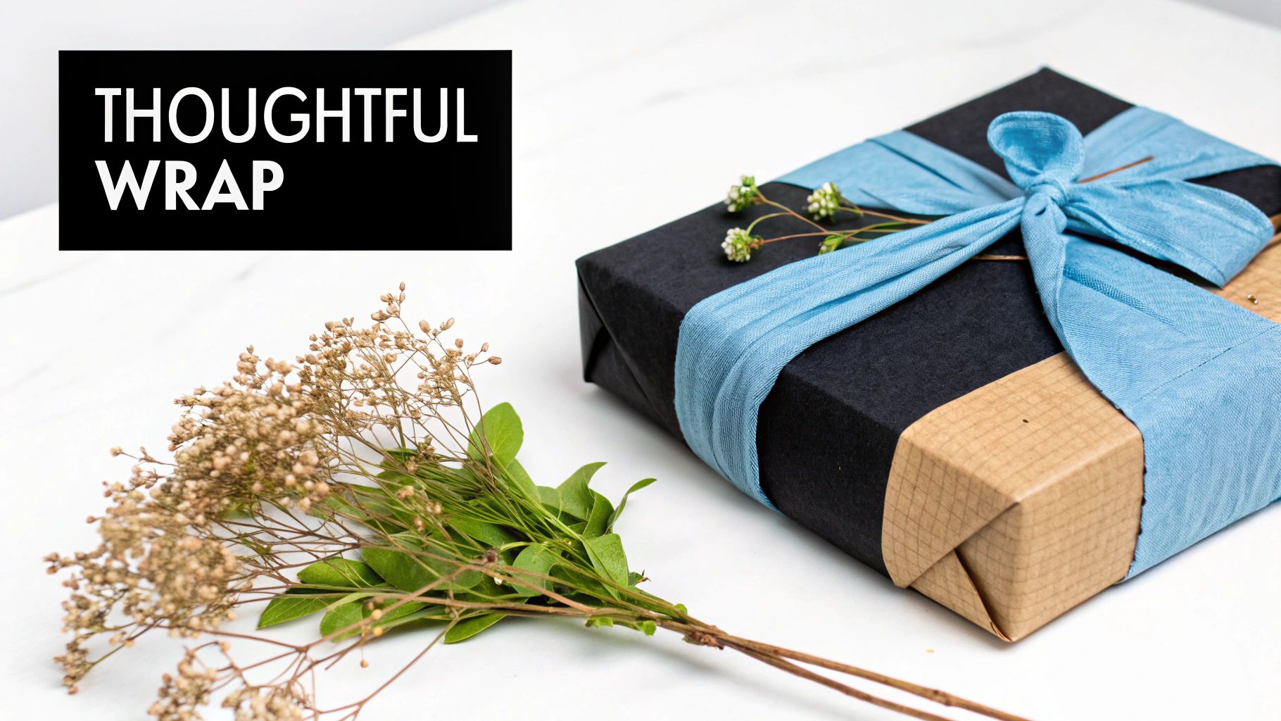 A black and brown gift box with a blue fabric ribbon, small white flowers, and dried floral decor.