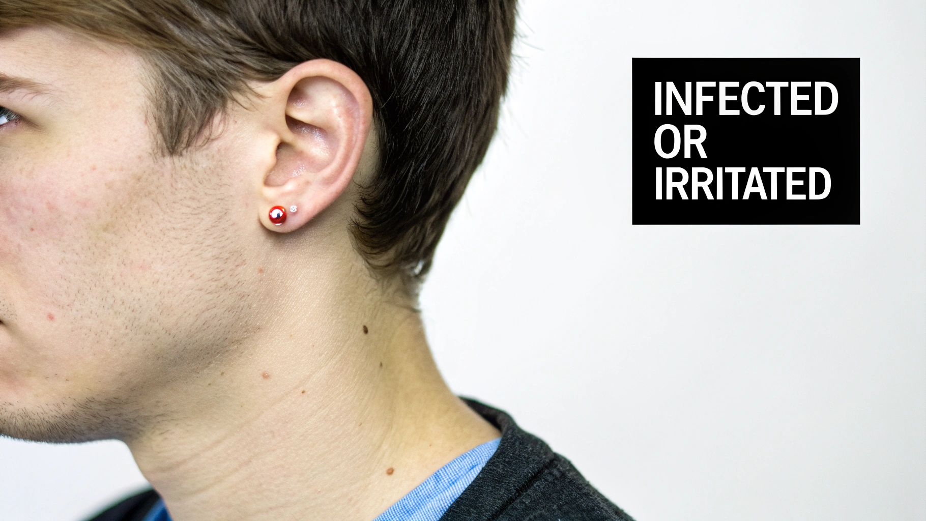 Close-up of a person's ear with two piercings, one red and one clear, with text.