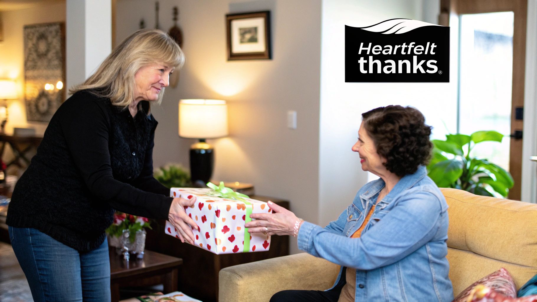 A woman holding a beautifully wrapped thank you gift with a warm, appreciative expression.