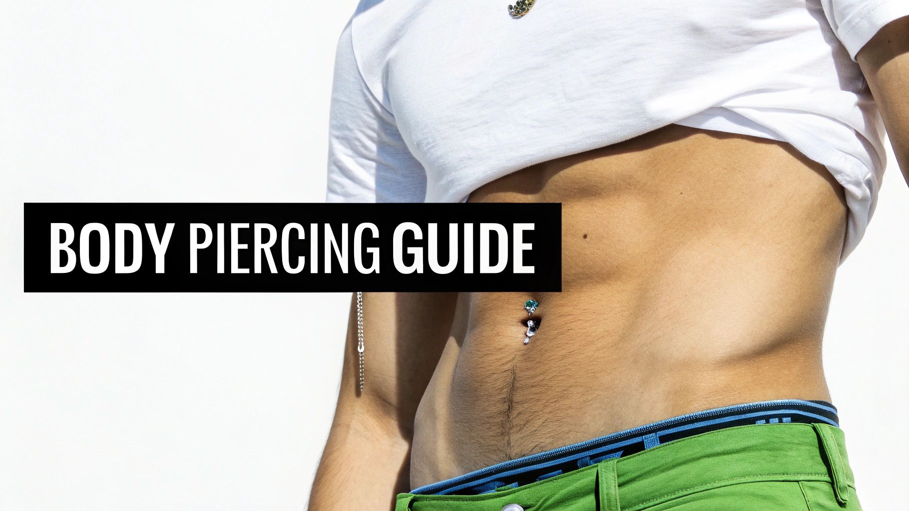 Close-up of a person's torso featuring a belly button piercing and text 'BODY PIERCING GUIDE'.