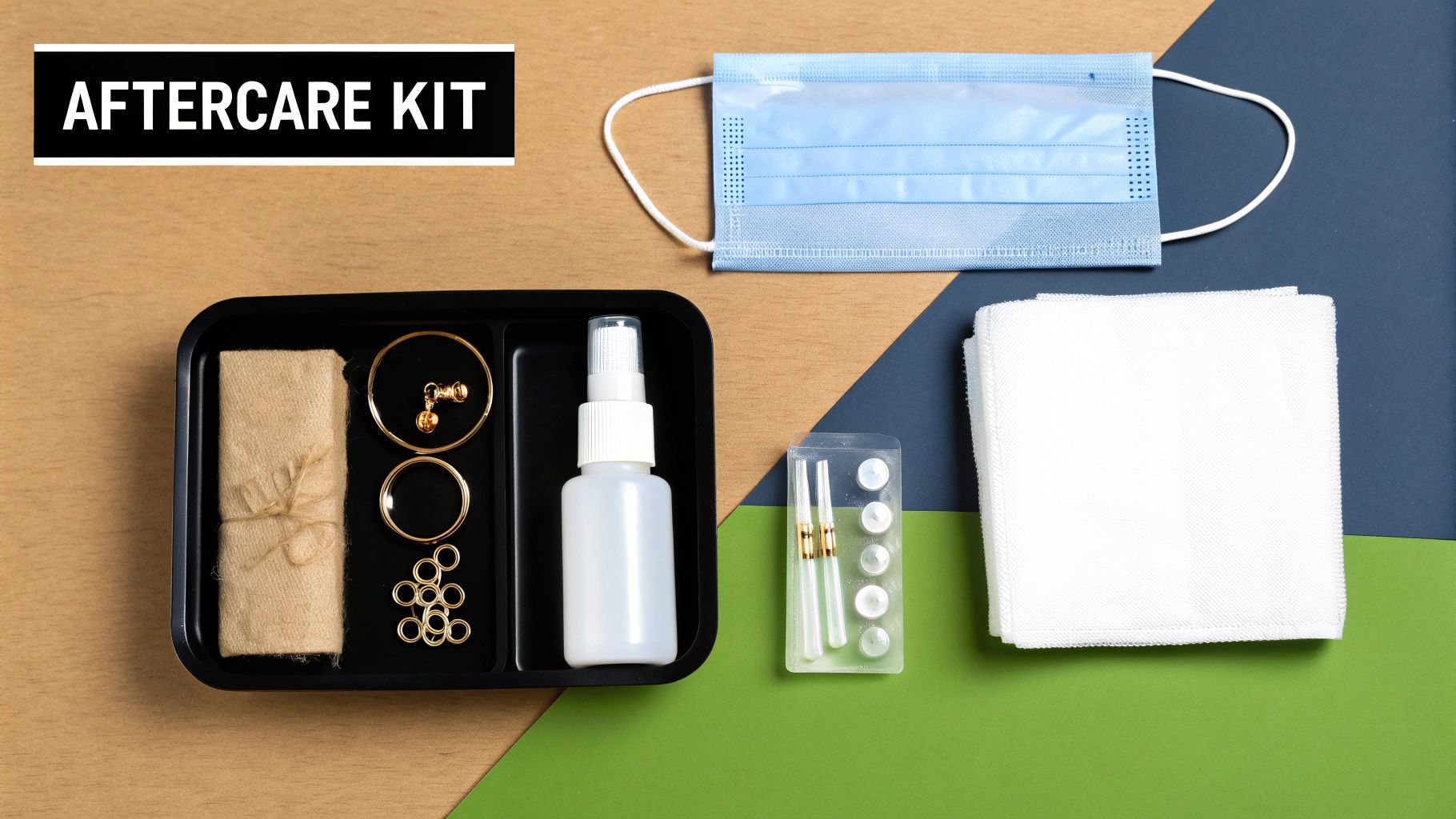 A collection of piercing aftercare products including saline spray and sterile gauze.