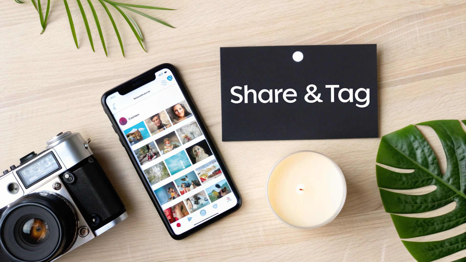 A flat lay features a smartphone with a photo gallery, a camera, a candle, and a 'Share & Tag' card on a wooden surface, with green leaves.
