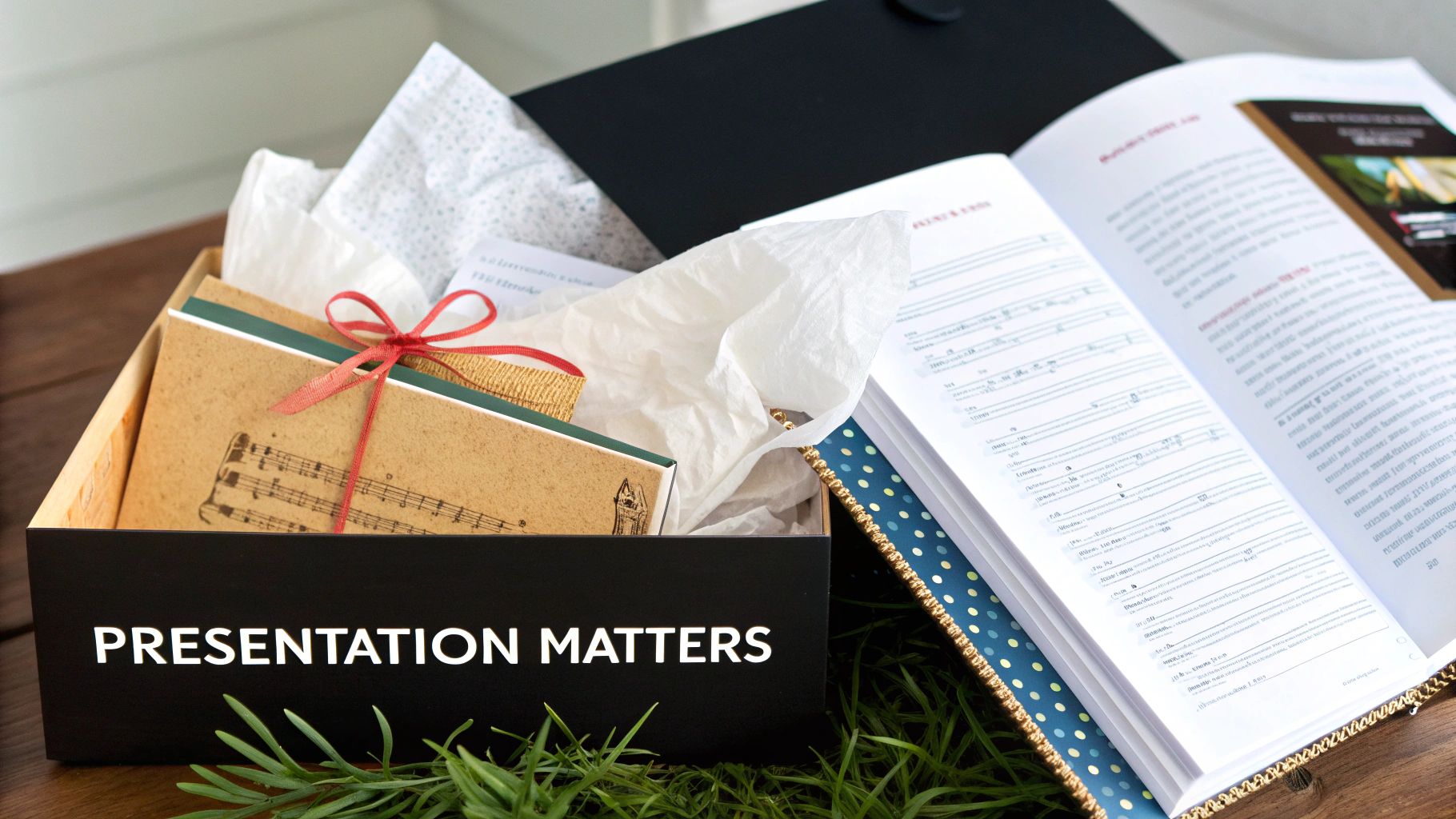 A thoughtfully arranged gift box containing a music-themed package, tissue paper, an open book, and foliage.