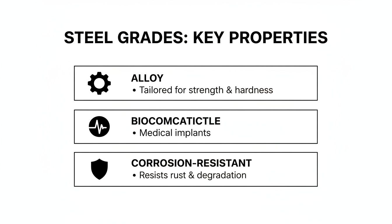 An infographic illustrating key properties of steel grades: alloy, biocompatibility for medical implants, and corrosion resistance.