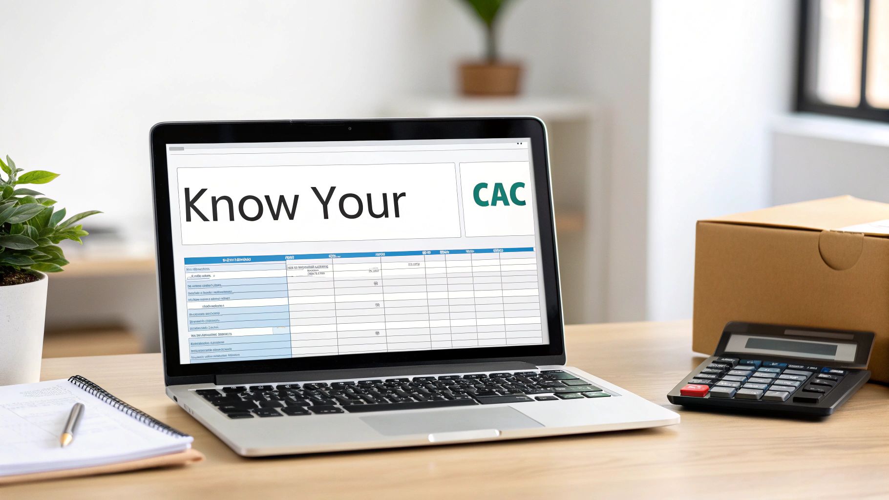 A workspace with a laptop showing a CAC spreadsheet, calculator, and notebook on a wooden desk.