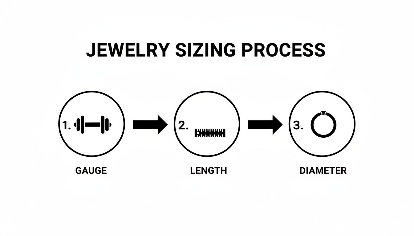 A clear diagram outlining the three-step jewelry sizing process: gauge, length, and diameter.