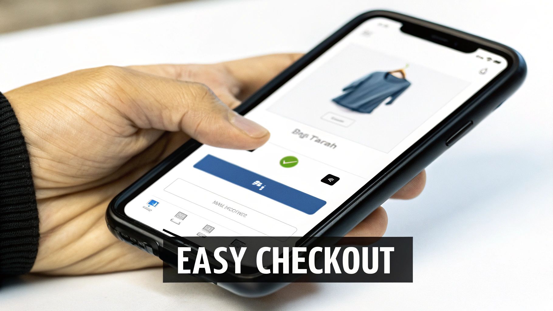 A person uses a smartphone to complete an easy online shopping checkout for clothes.