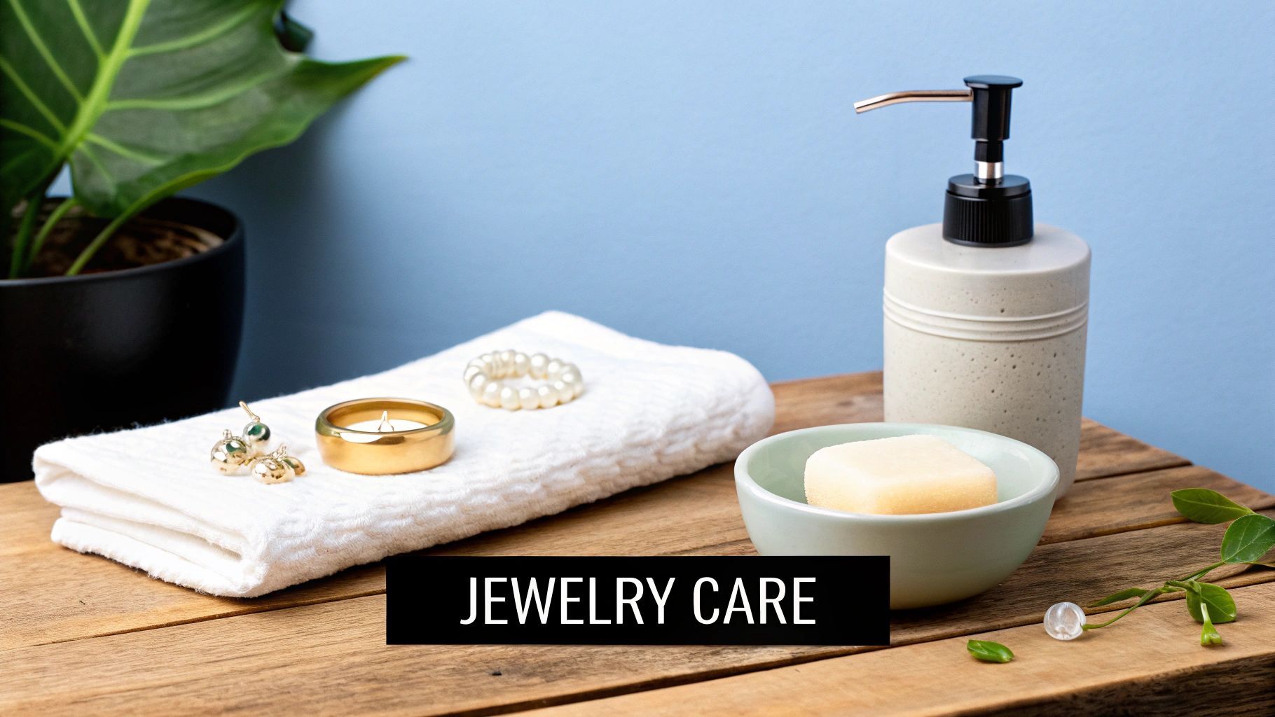 A clean white towel with gold earrings, a pearl bracelet, a candle, and soap for jewelry care.