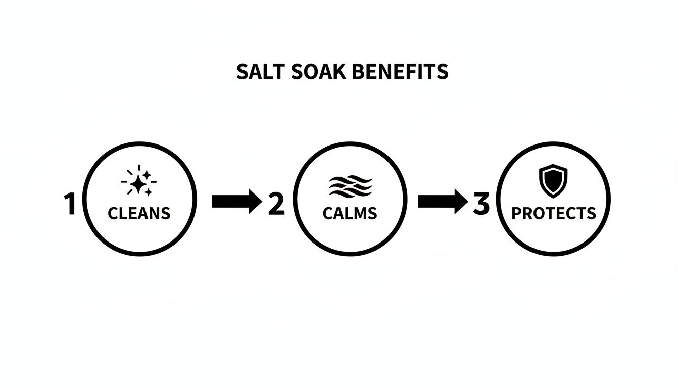 A diagram illustrates three salt soak benefits: cleans, calms, and protects, shown with icons and numbers.