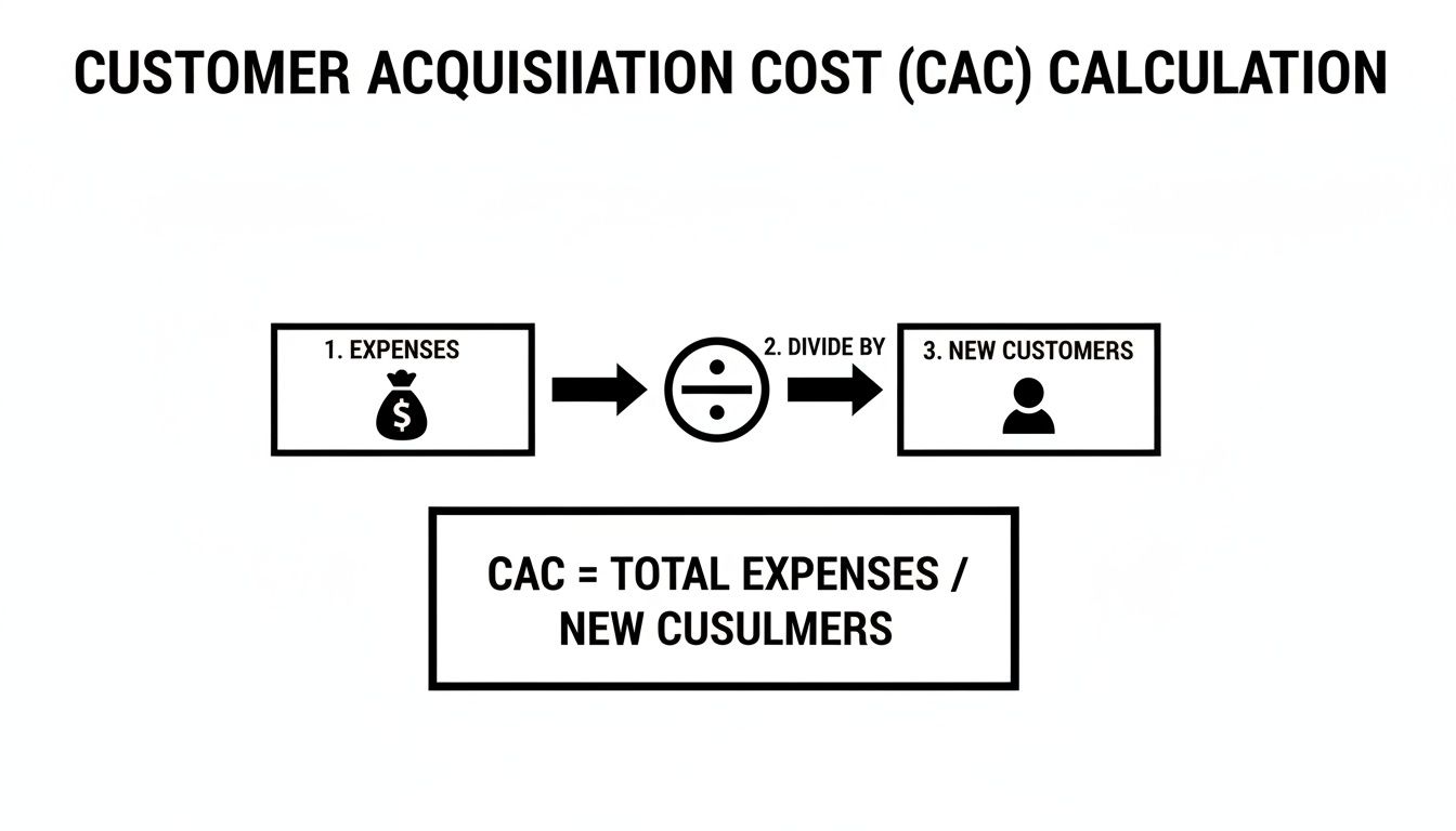 Diagram illustrating the Customer Acquisition Cost (CAC) calculation, showing total expenses divided by new customers.