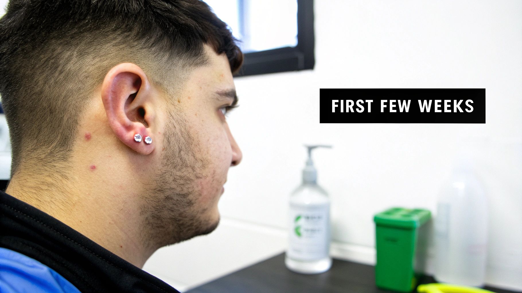 Man showing fresh ear piercing during first few weeks of healing stage with aftercare products