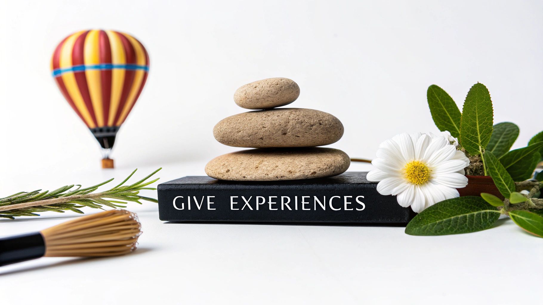 A zen arrangement with stacked stones, a daisy, rosemary, and 'GIVE EXPERIENCES' text, with a hot air balloon.