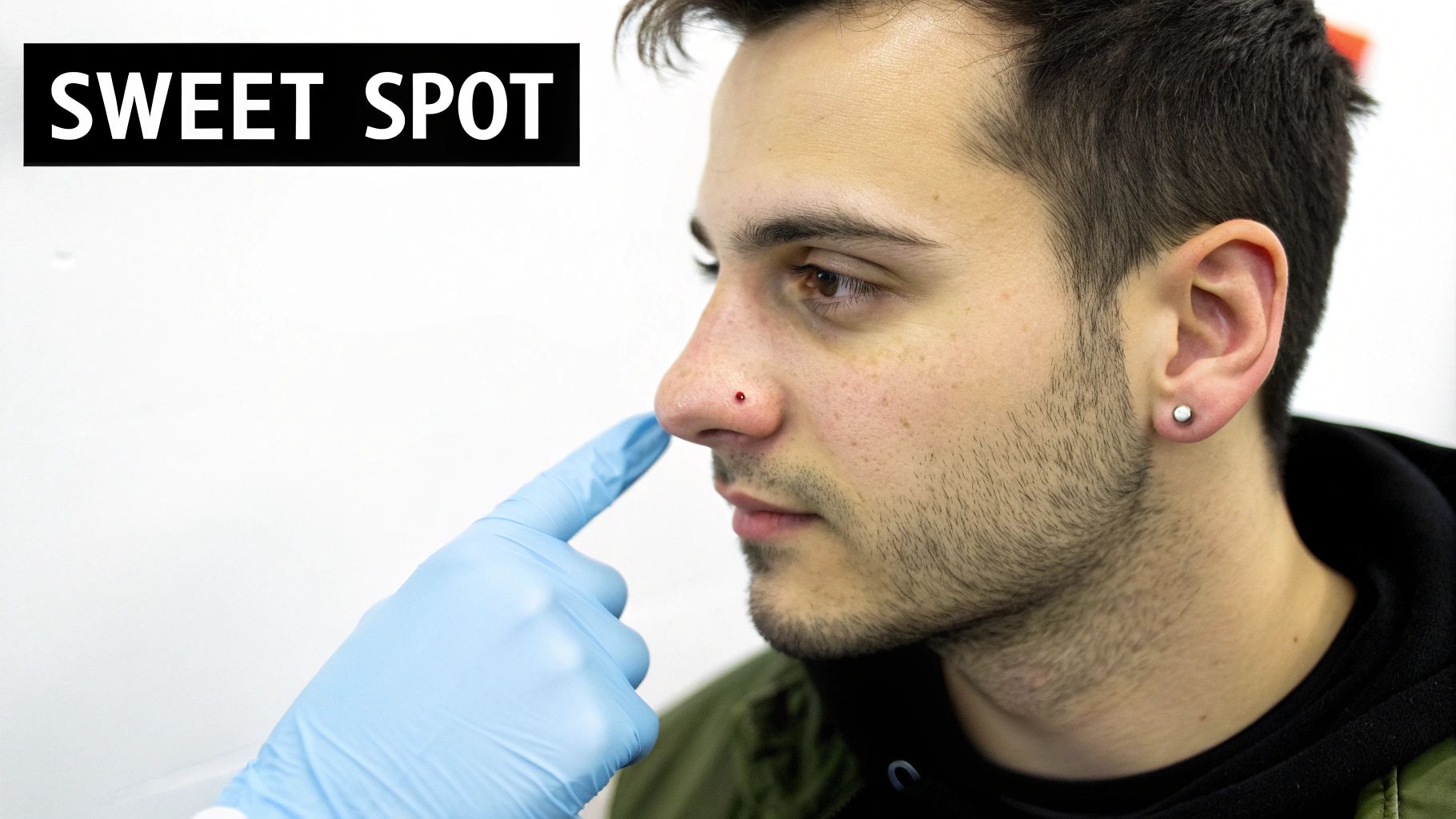 A gloved hand points to a red spot on a man's nose, indicating a piercing location.