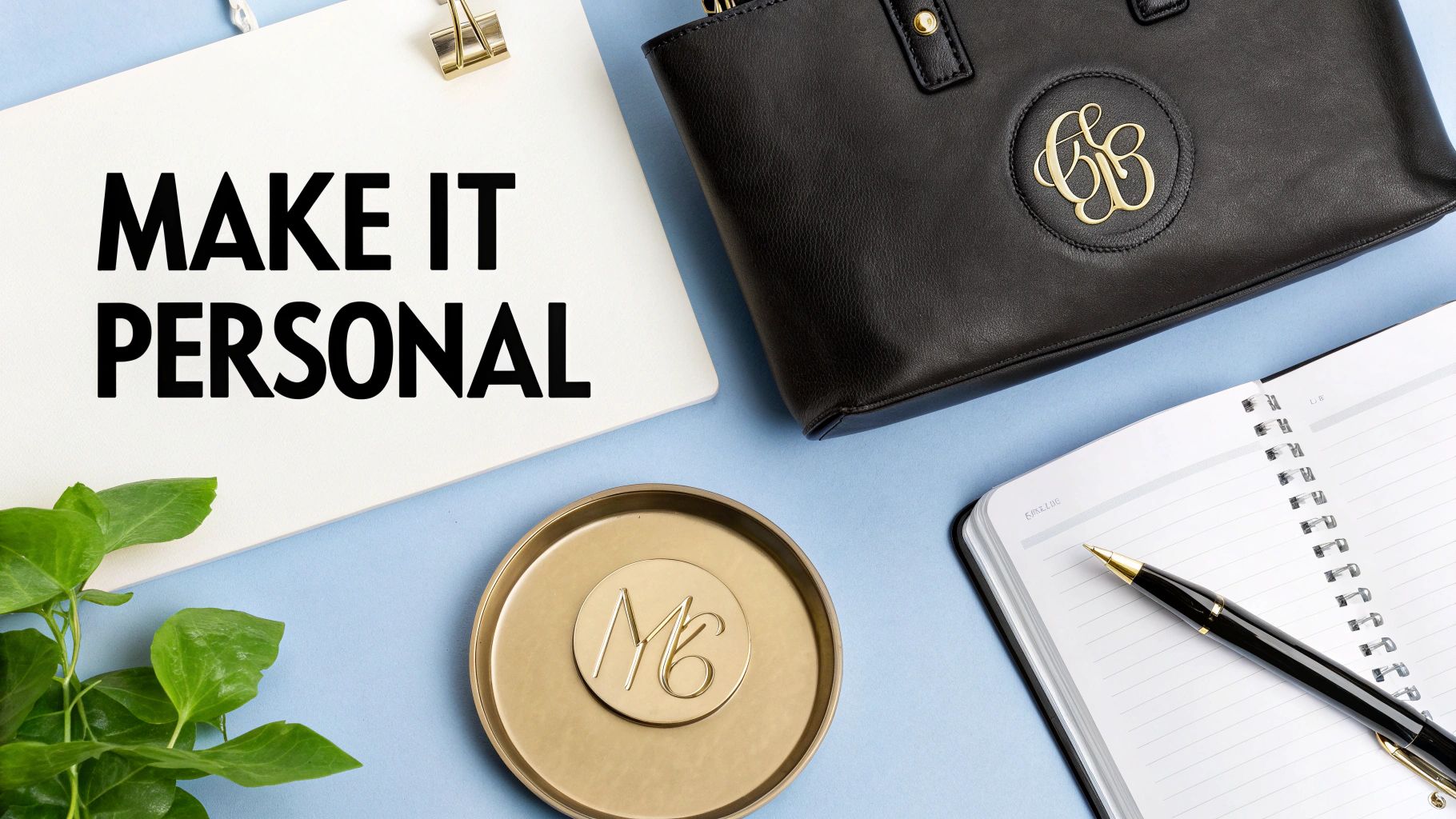 A flat lay showing a clipboard with 'MAKE IT PERSONAL', a monogrammed handbag, and a coaster, on a blue desk.