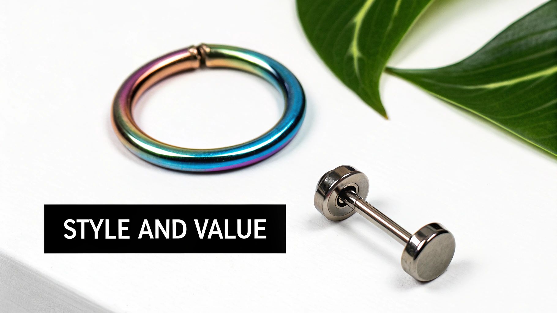 A collection of colorful anodized titanium and classic silver surgical steel body jewelry arranged stylishly.