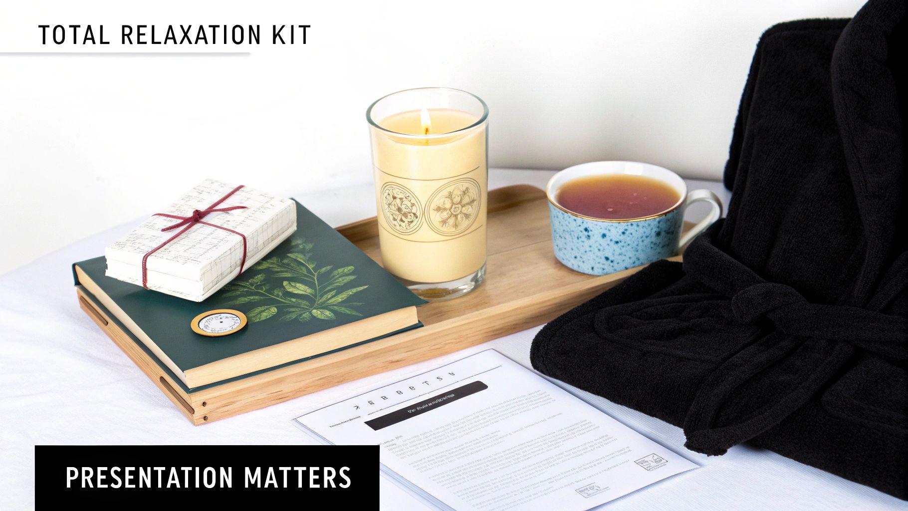 A total relaxation kit with a lit candle, tea, books, and a black bathrobe on a tray.