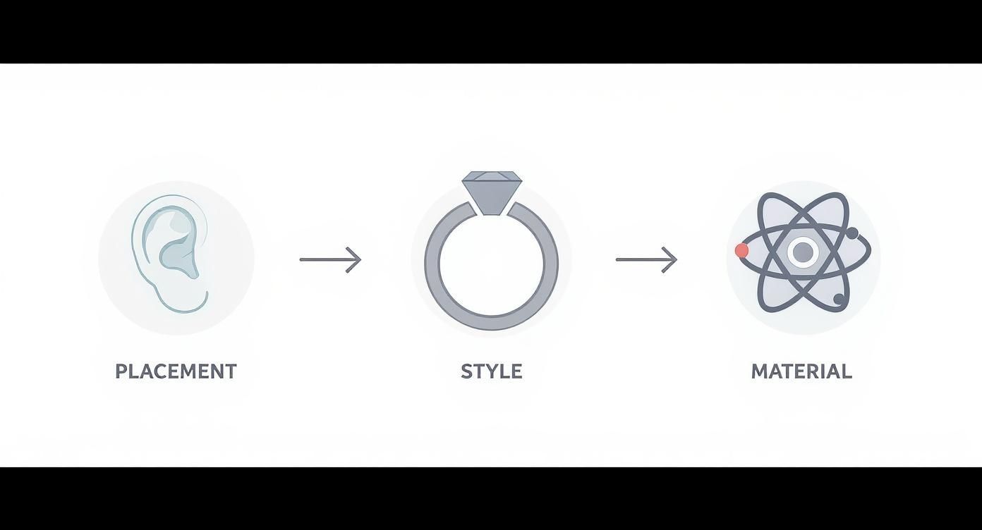 Diagram showing three steps in jewelry design: placement (ear), style (ring), and material (atom).