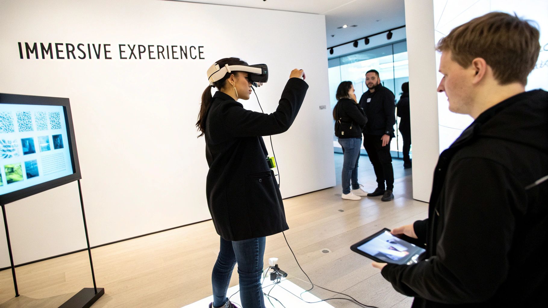 A woman wears a VR headset and holds controllers, immersed in a virtual reality experience at an exhibition.