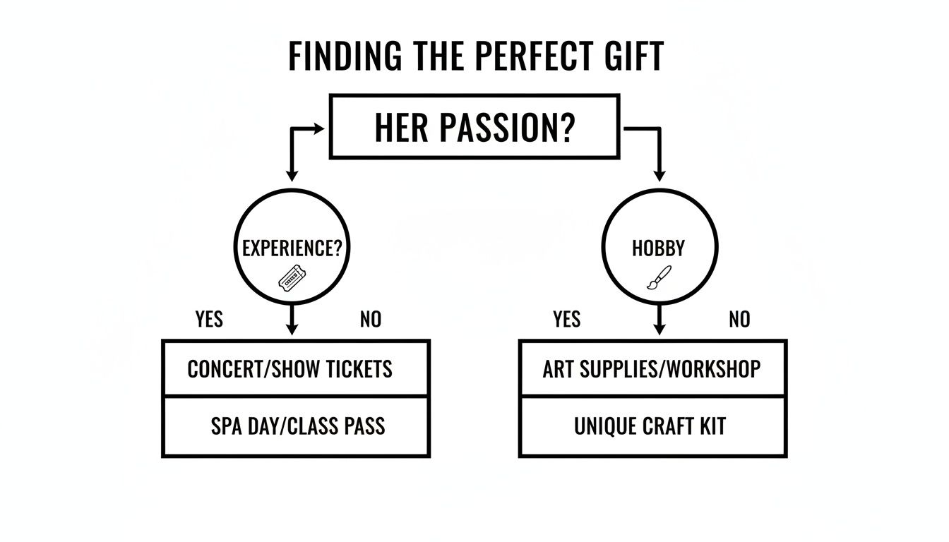 A flowchart titled 'Finding the Perfect Gift', guiding choices based on her passion, experience, or hobby.