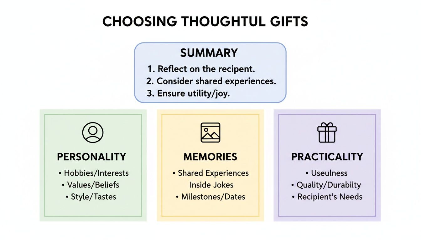 Infographic on choosing thoughtful gifts, outlining a three-step summary and three categories: personality, memories, and practicality.