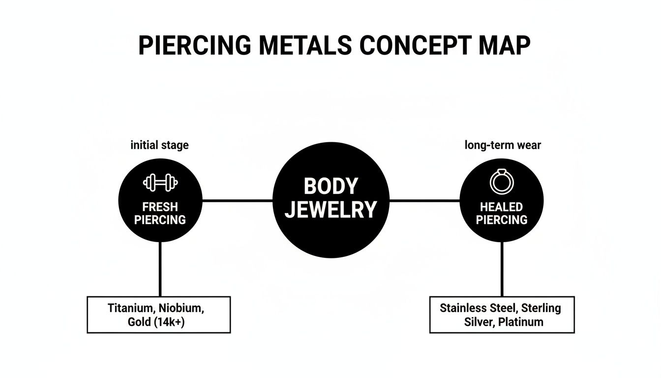 Concept map shows ideal metals for fresh piercings (Titanium, Niobium, Gold 14k+) and healed piercings (Stainless Steel, Sterling Silver, Platinum).