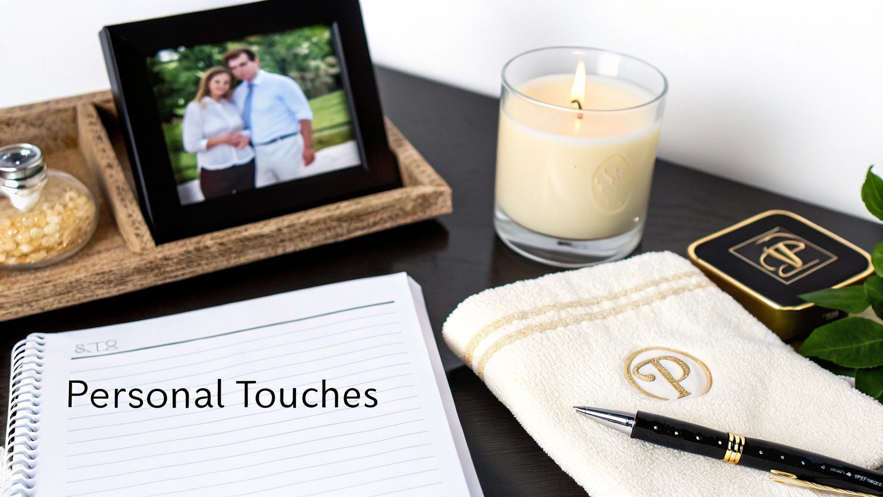 A cozy arrangement of personalized items including a framed photo, lit candle, notebook, and initialed towel.
