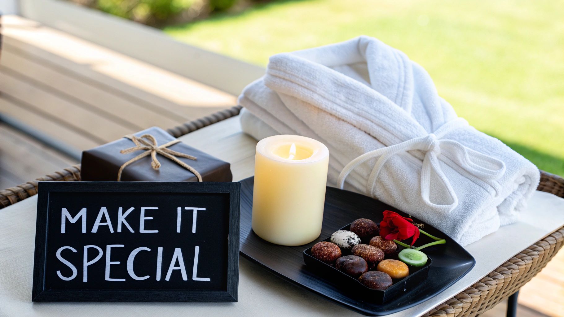 A relaxing spa setup featuring a white bathrobe, lit candle, treats, and a "MAKE IT SPECIAL" sign.