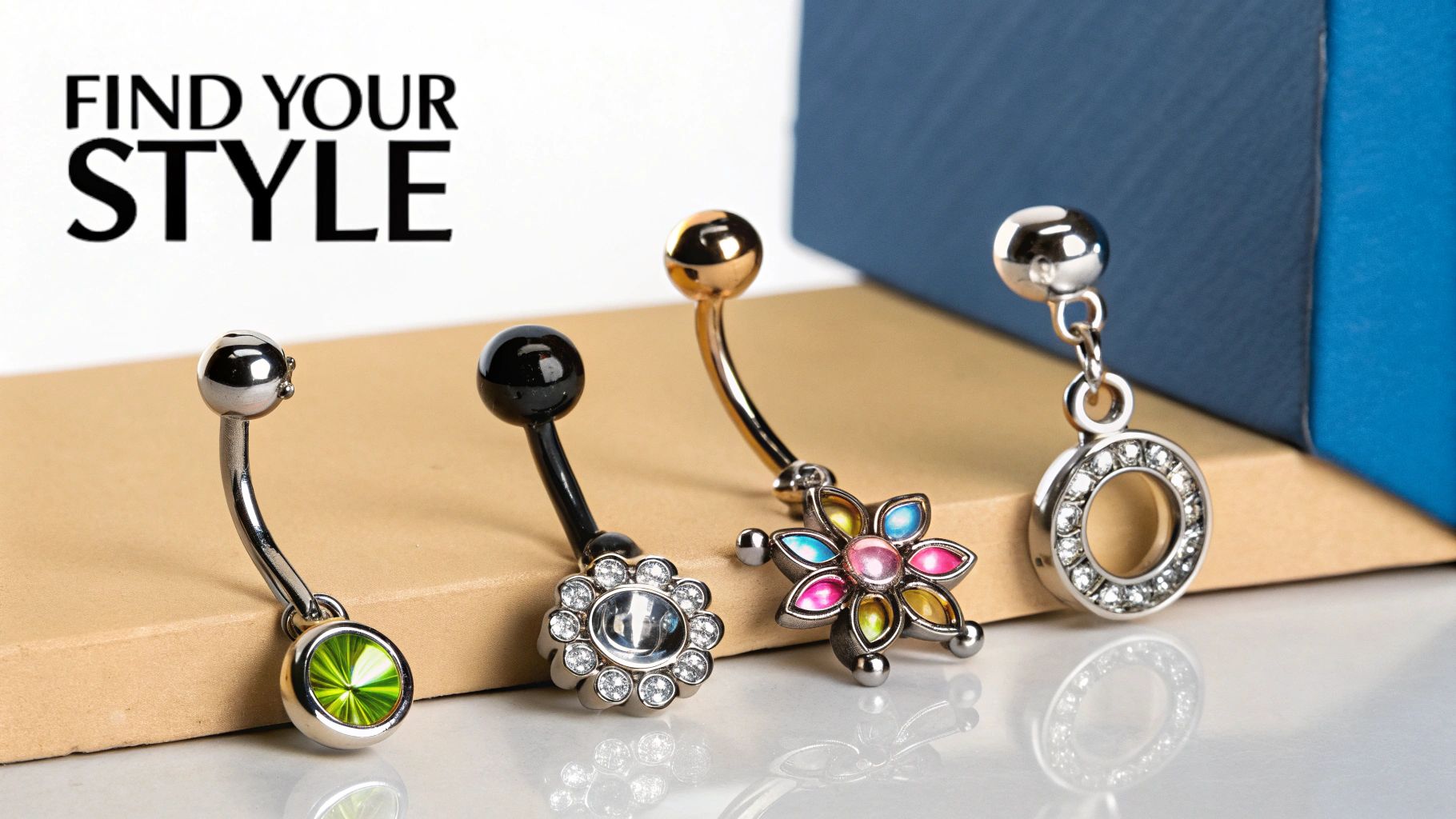A collection of different belly button ring styles on a clean background.