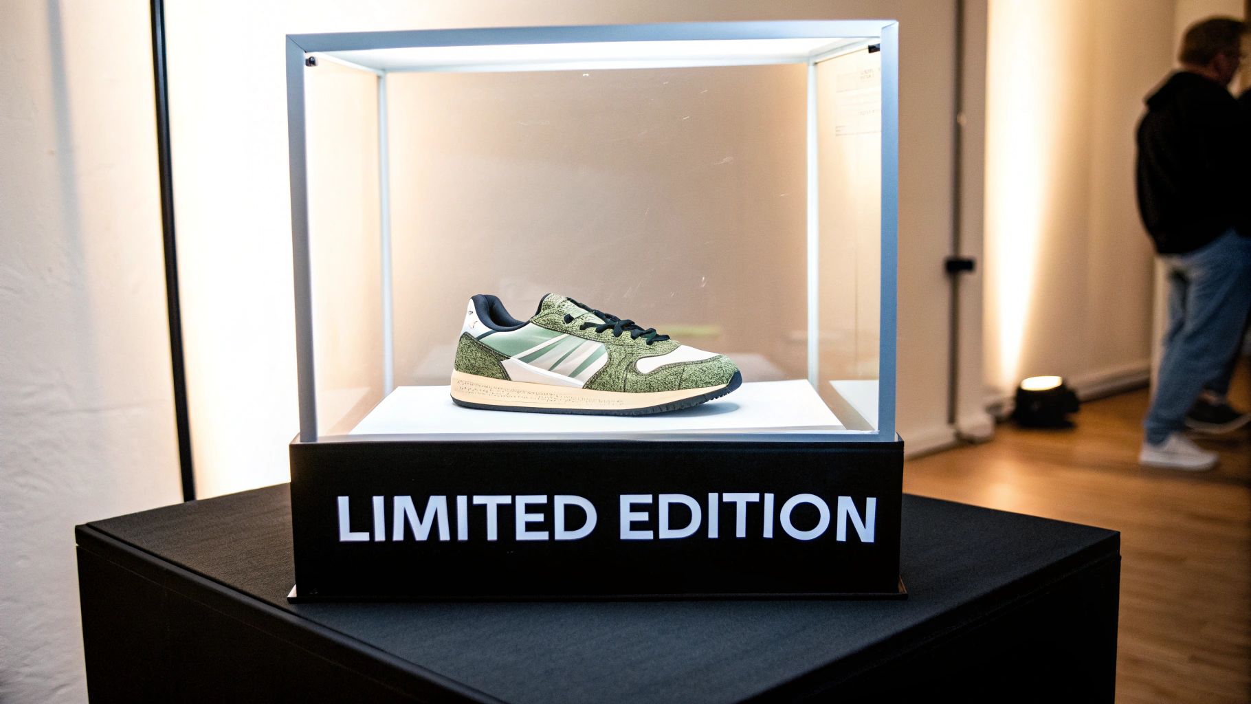 Green and beige limited edition sneaker showcased in a lighted display case on a black stand.
