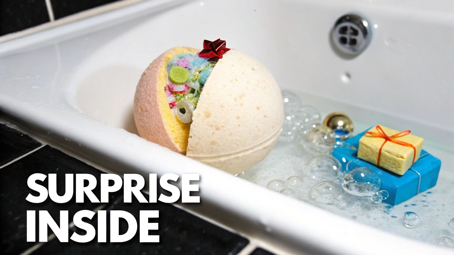 A vibrant bath bomb unveiling its colorful contents and tiny gifts in a white bathtub with bubbles.