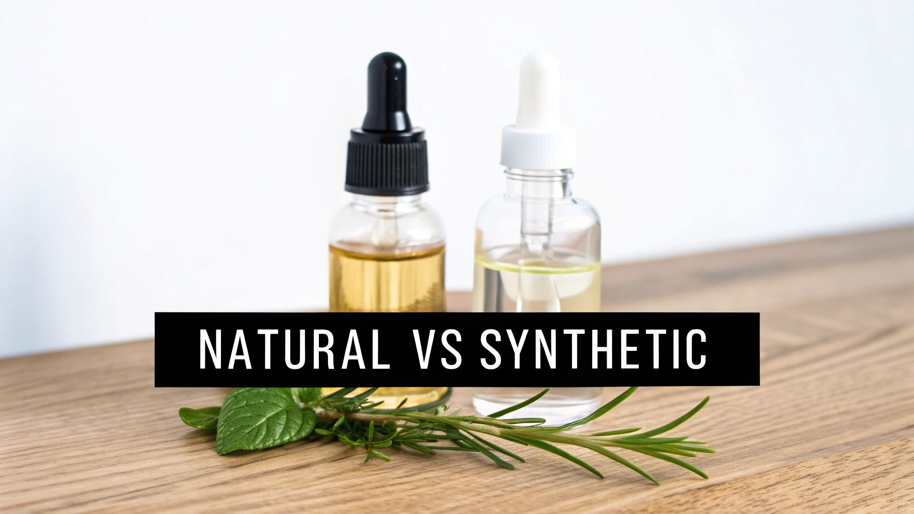 Glass bottles of essential oils and fragrance oils arranged with dried flowers and herbs