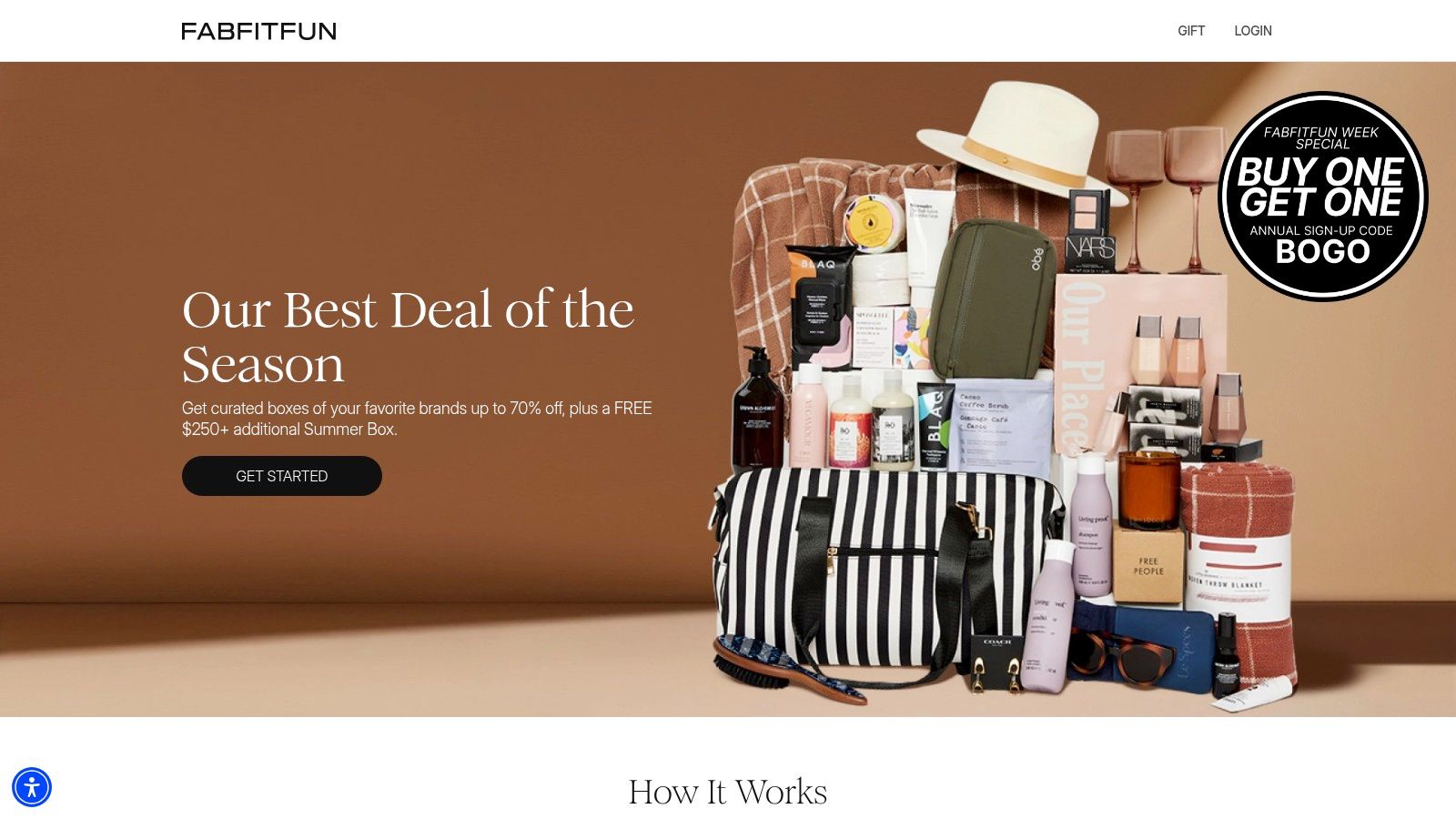 A collection of FabFitFun products including a blanket, skincare items, and a travel mug