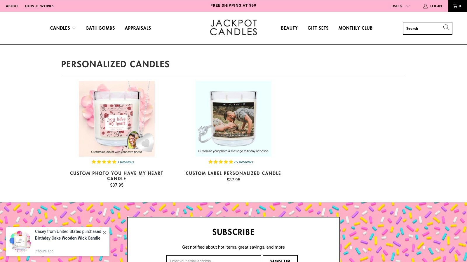 A collection of personalized candles from Jackpot Candles, showcasing custom photos and labels.