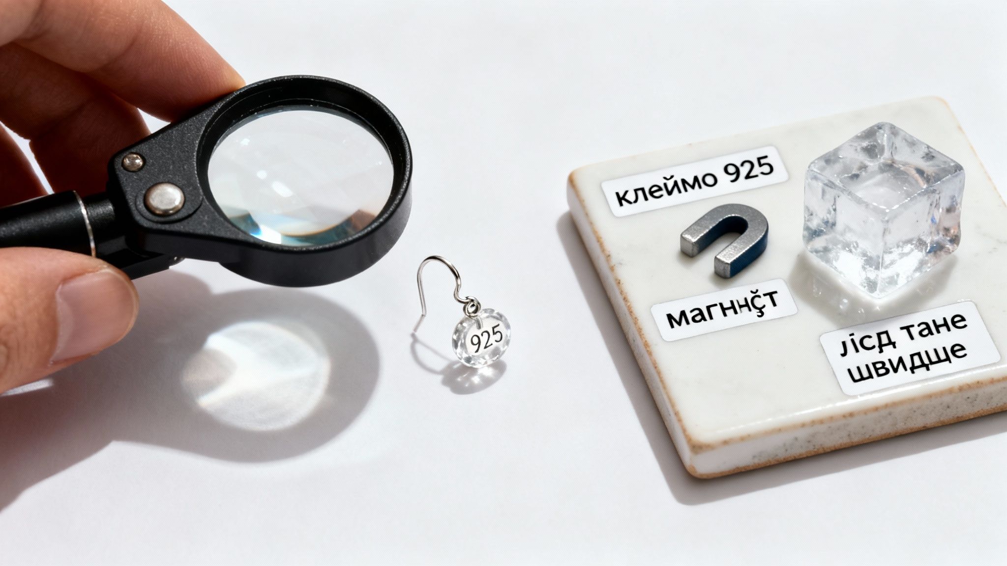 Рука тримає лупу, розглядаючи сережку з пробою 925. На плитці лежить магніт та лід.