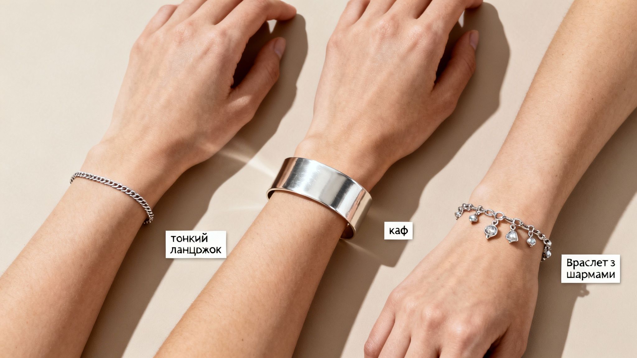 Три жіночі руки демонструють срібні браслети: тонкий ланцюжок, широкий каф та браслет з підвісками.