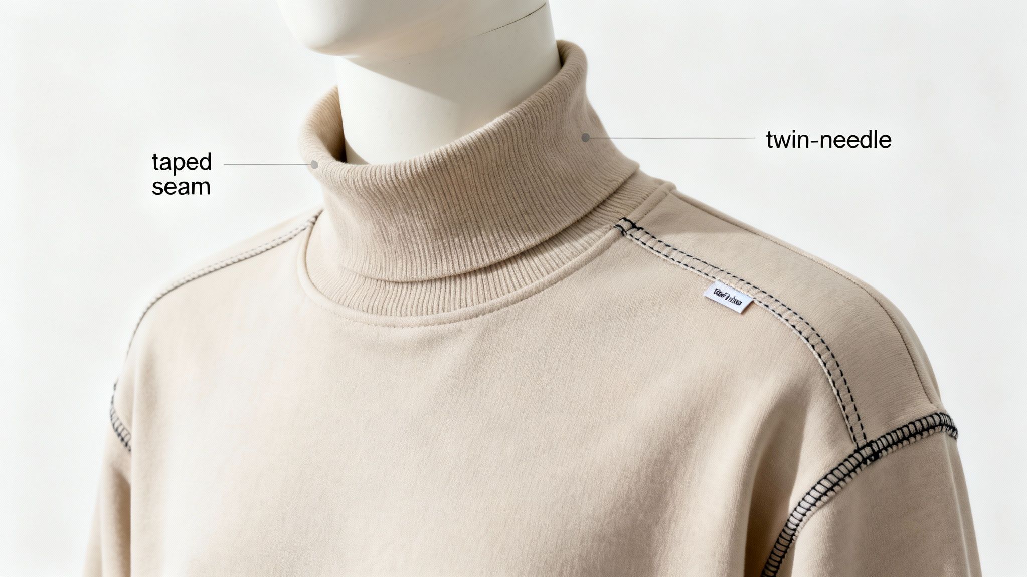Close-up of a beige turtleneck sweatshirt on a mannequin, highlighting taped seam and twin-needle stitching.