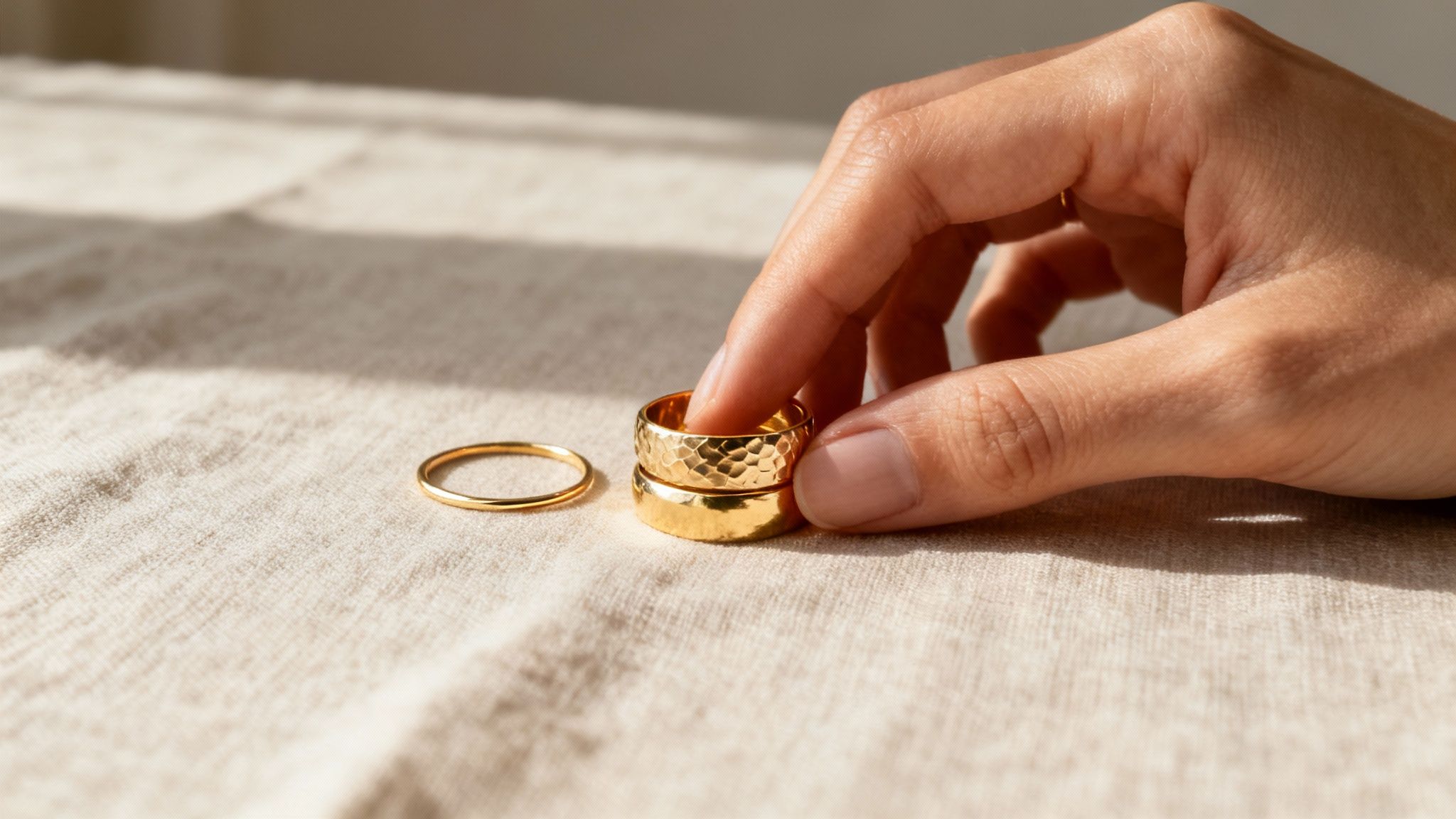 A hand carefully stacks three beautiful gold rings, one hammered, on a textured fabric surface.
