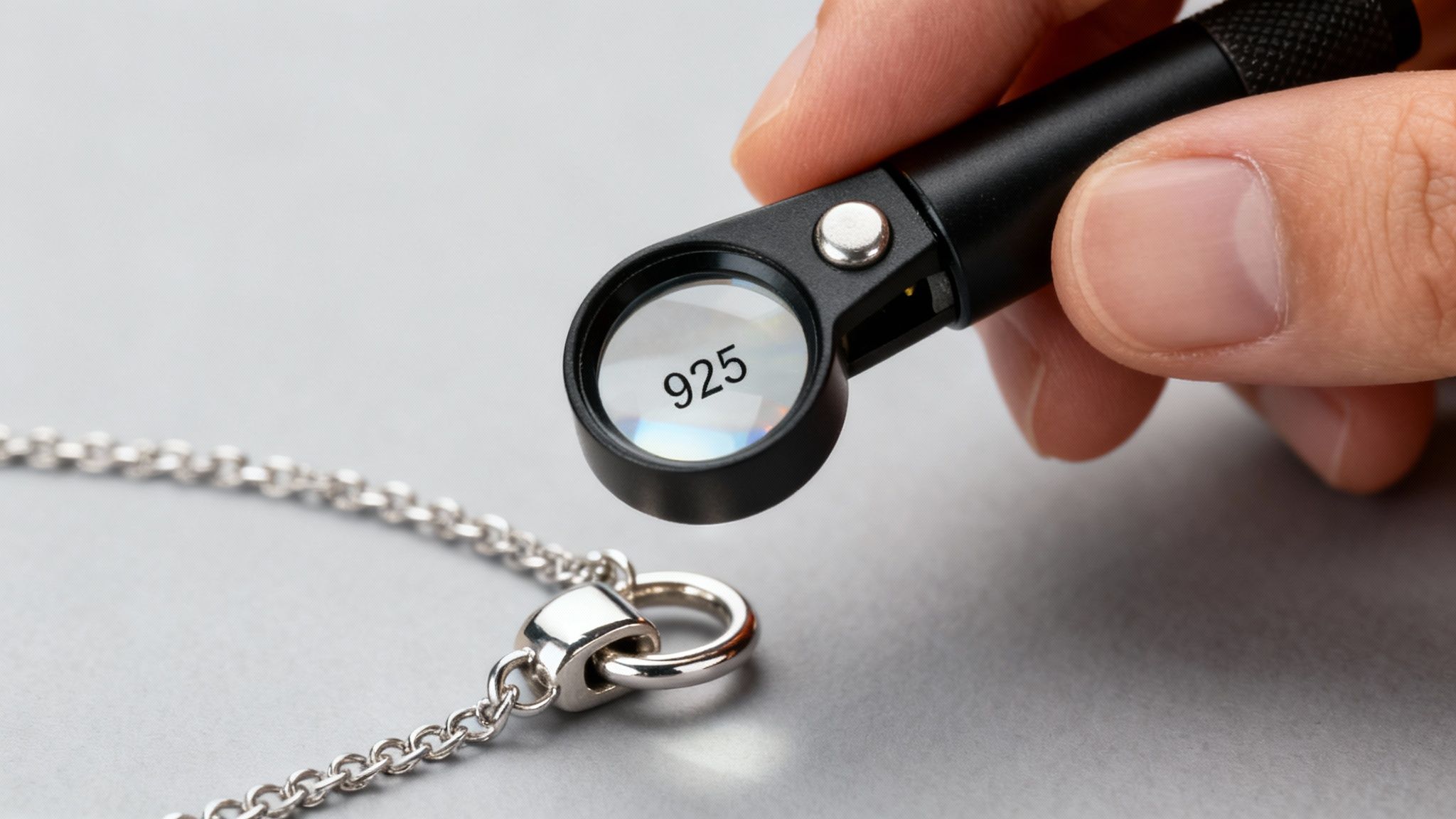A hand holds a jeweler's loupe magnifying a silver chain, revealing the '925' mark.