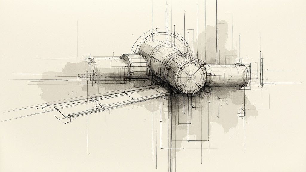 Технічне креслення промислового циліндричного механізму з детальними лініями конструкції та затінюванням