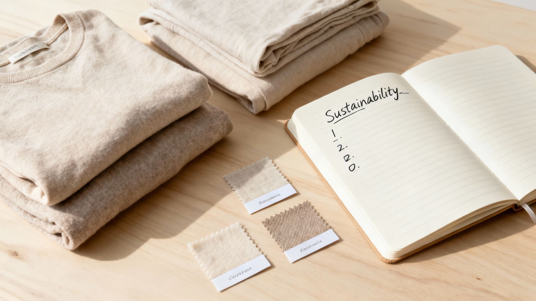 A flat lay showcasing sustainable fashion with beige folded sweaters, fabric swatches, and a notebook titled 'Sustainability'.