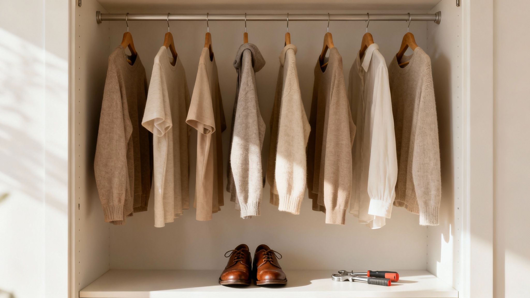 An open closet with a row of neatly organized neutral-toned clothes, brown shoes, and tools on a shelf.