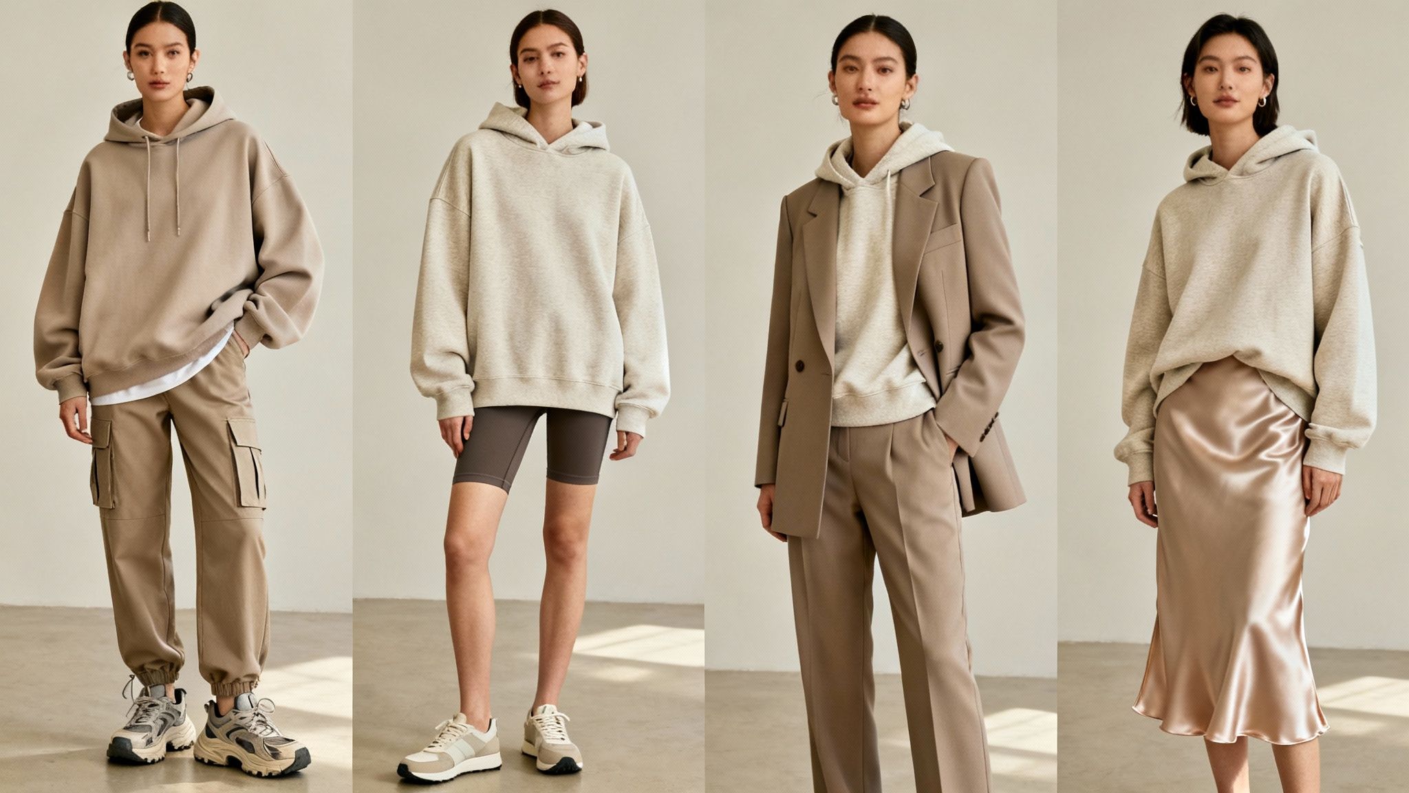 Four models showcasing diverse ways to style oversized hoodies with cargo pants, biker shorts, a blazer, and a satin skirt.