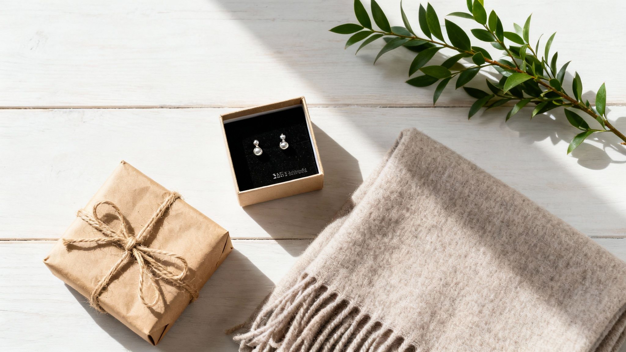 Elegant flat lay with a wrapped gift, silver earrings in a box, a beige scarf, and a green branch.
