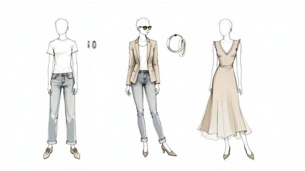 Три жіночі образи: повсякденний, діловий та вечірній, з аксесуарами, включаючи сережки та намисто.