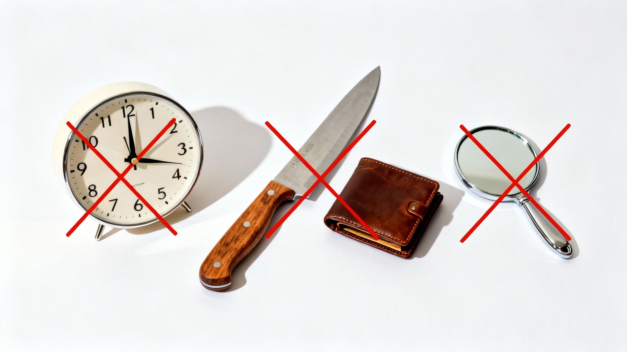 Будильник, ніж, гаманець і лупа перекреслені червоними хрестами, символізуючи заборонені подарунки на новосілля.