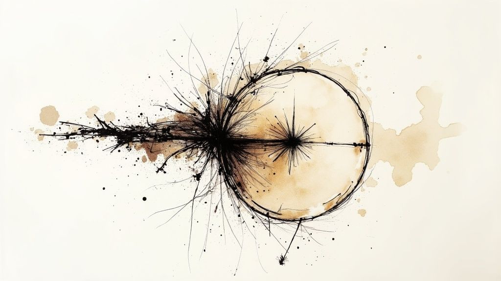 Абстрактна картина тушшю та аквареллю із центральним чорним вибухом та коричневими плямами.