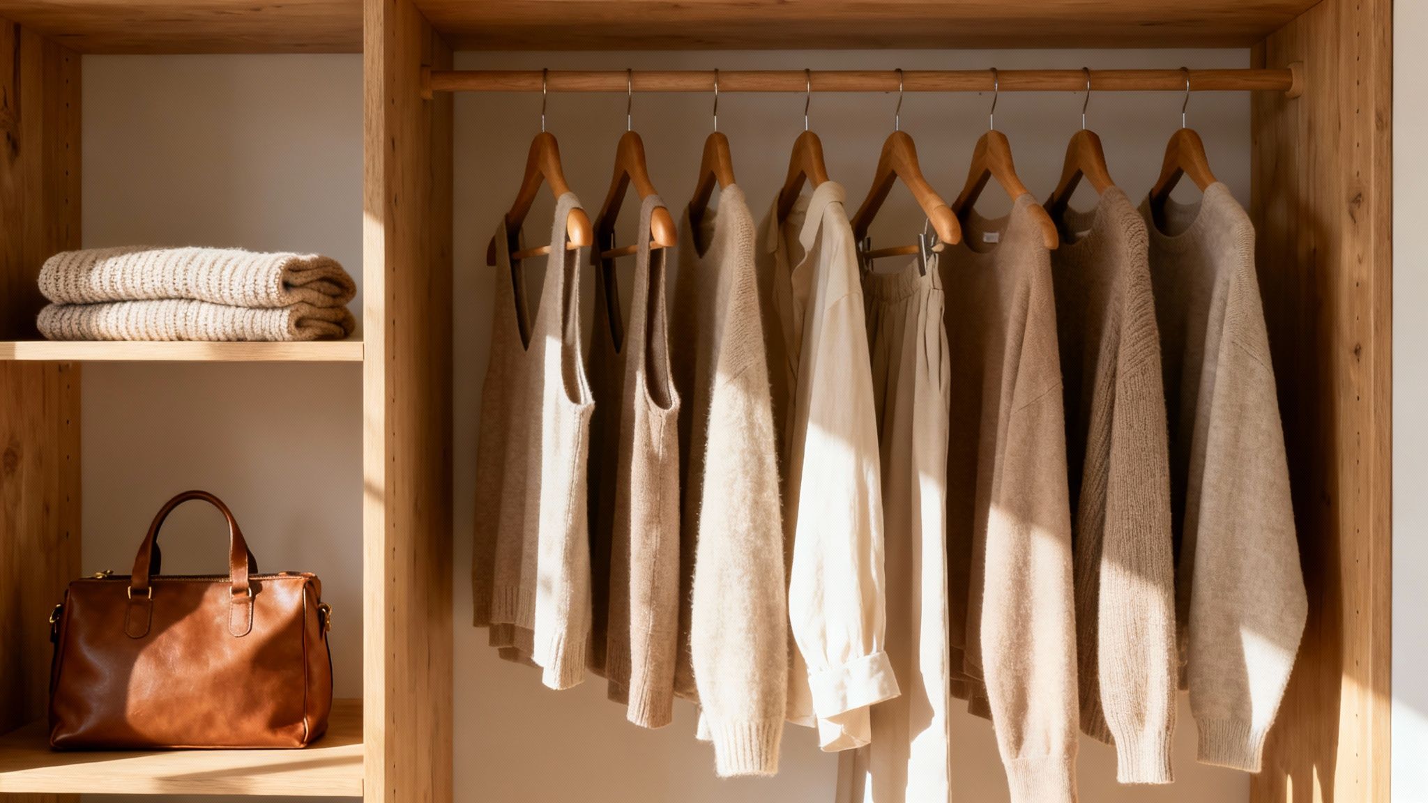 A minimalist wooden wardrobe filled with neatly folded sweaters, a leather bag, and hanging neutral-toned clothes.