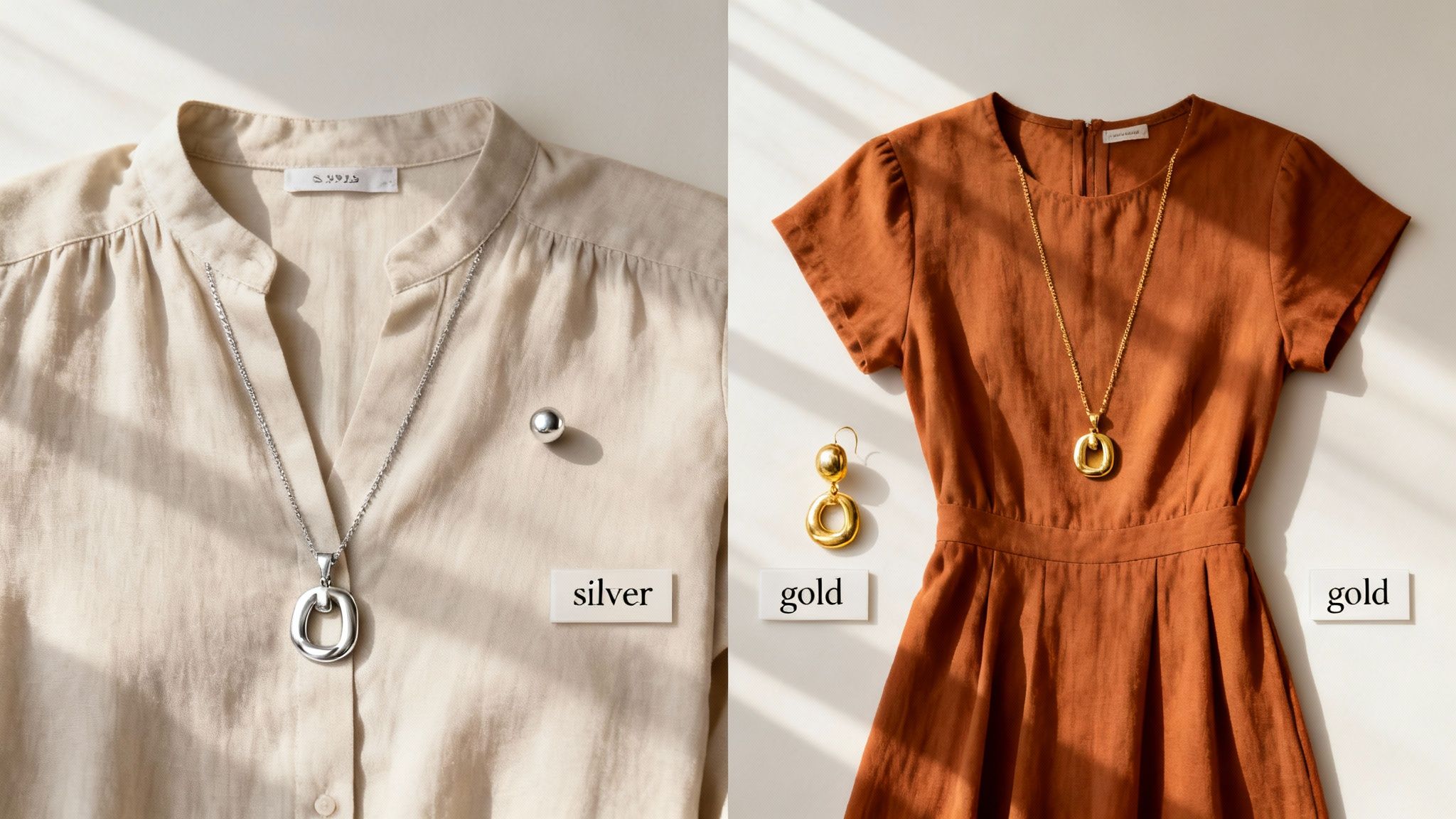 Flat lay of a beige shirt with silver jewelry and a rust-colored dress with gold jewelry.