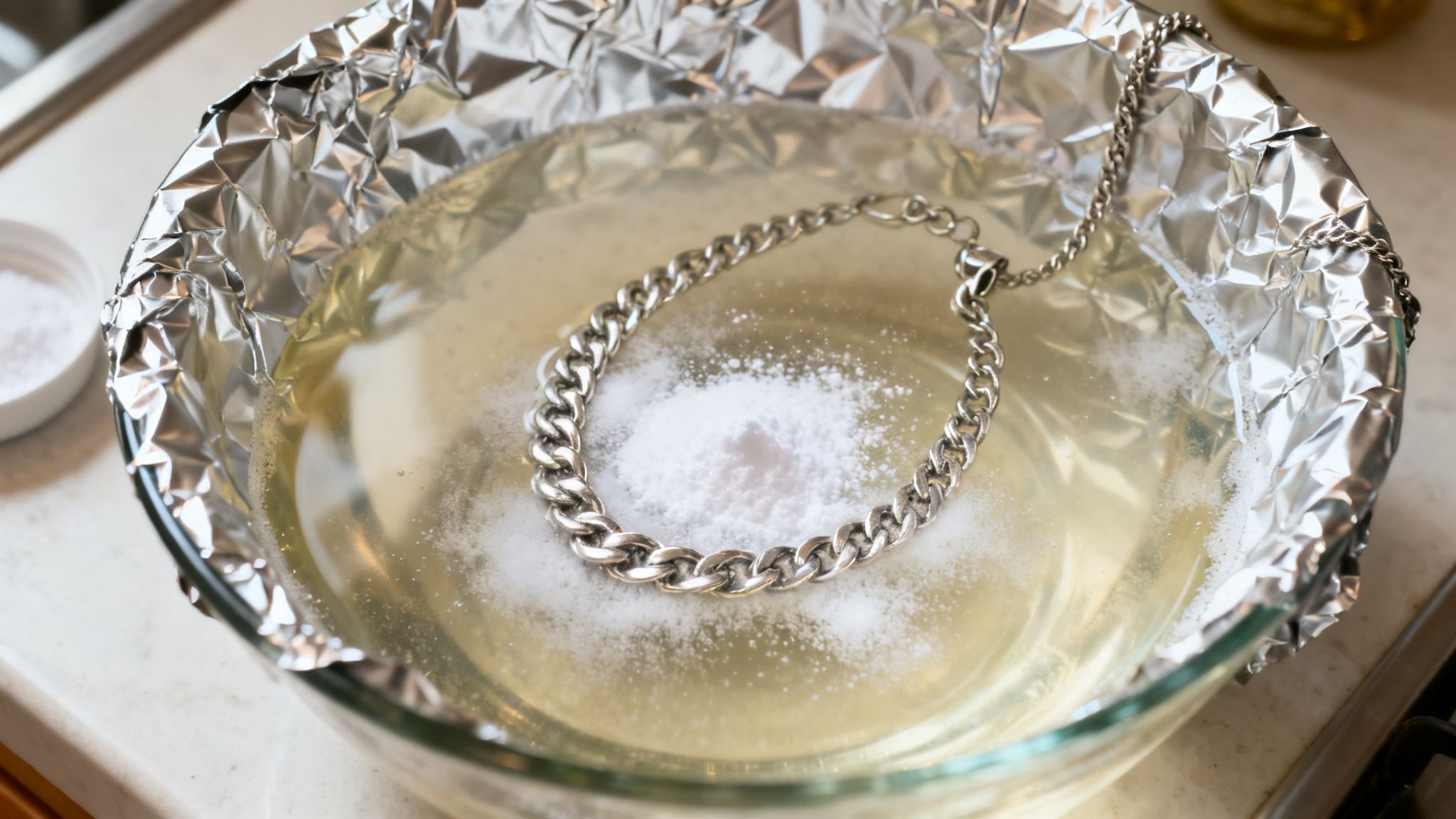A silver chain bracelet in a glass bowl with aluminum foil, liquid, and baking soda for cleaning.